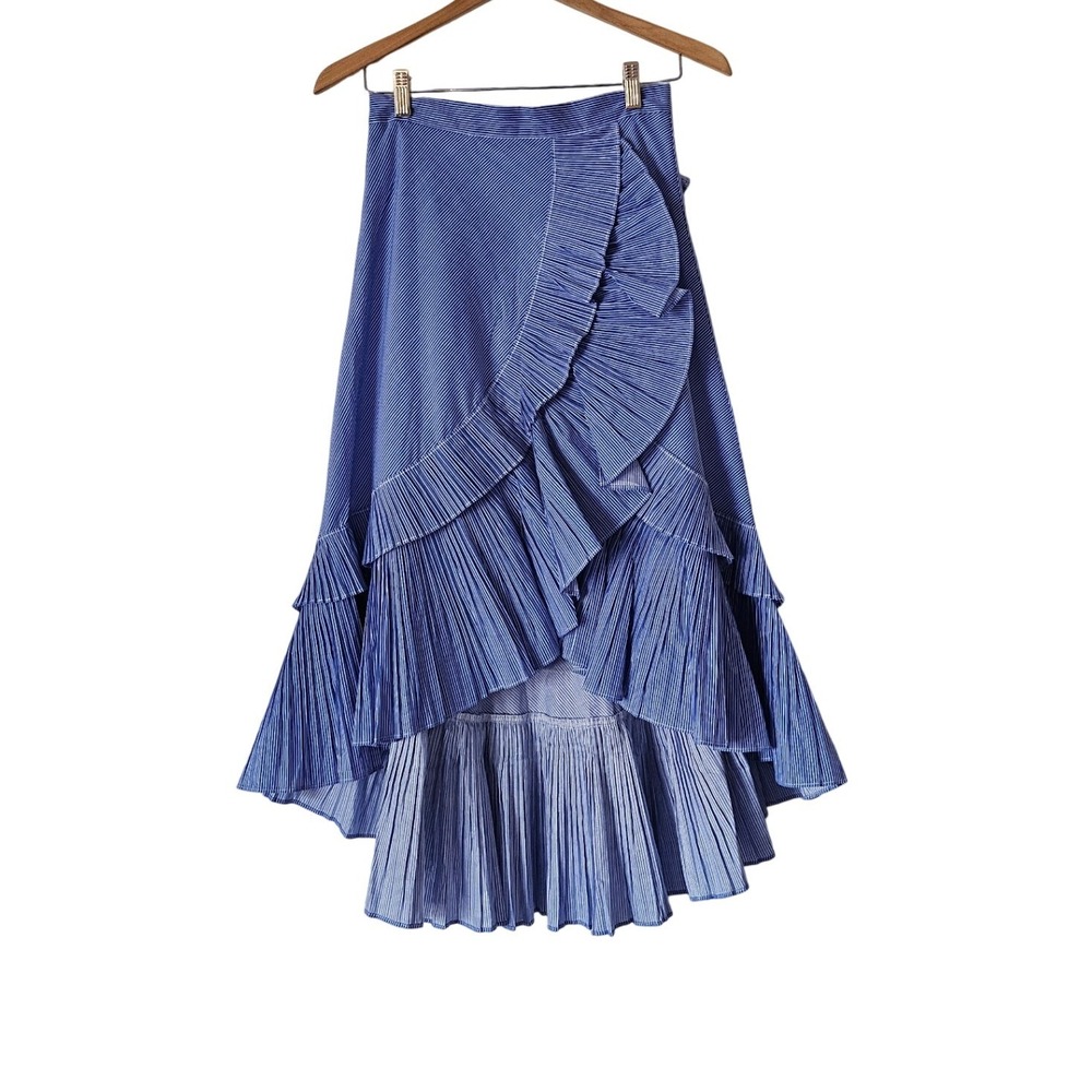 Chicwish Pinstripe High Low Ruffle Pleated Midi Skirt Blue White Romantic Size S